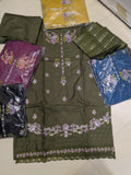 Elegant Olive Green Embroidered 3-Piece Lawn Suit with Chiffon Dupatta