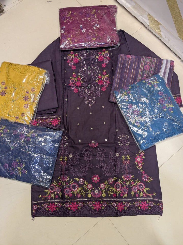 Premium Plum Purple Embroidered 3-Piece Lawn Suit with Net Dupatta