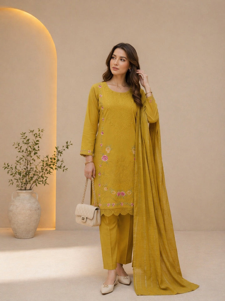Mustard Yellow Embroidered 3-Piece Lawn Suit with Chiffon Dupatta – Elegant Summer Collection