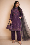 Premium Plum Purple Embroidered 3-Piece Lawn Suit with Net Dupatta