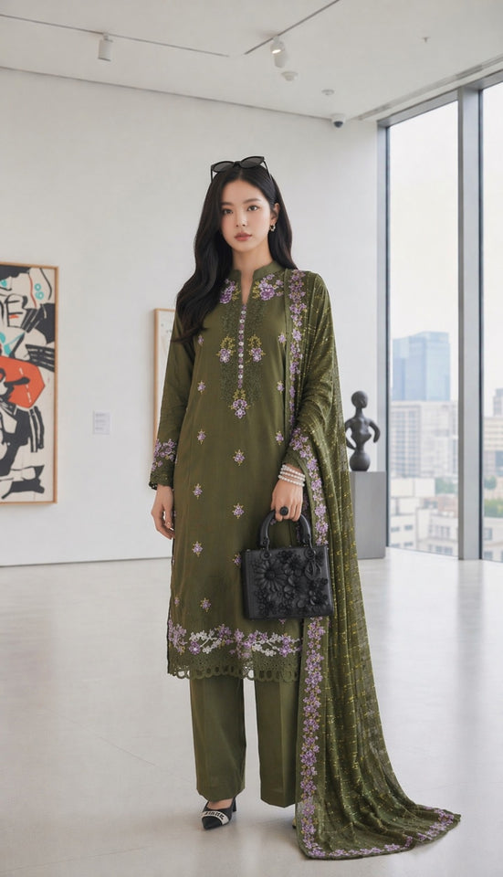 Elegant Olive Green Embroidered 3-Piece Lawn Suit with Chiffon Dupatta