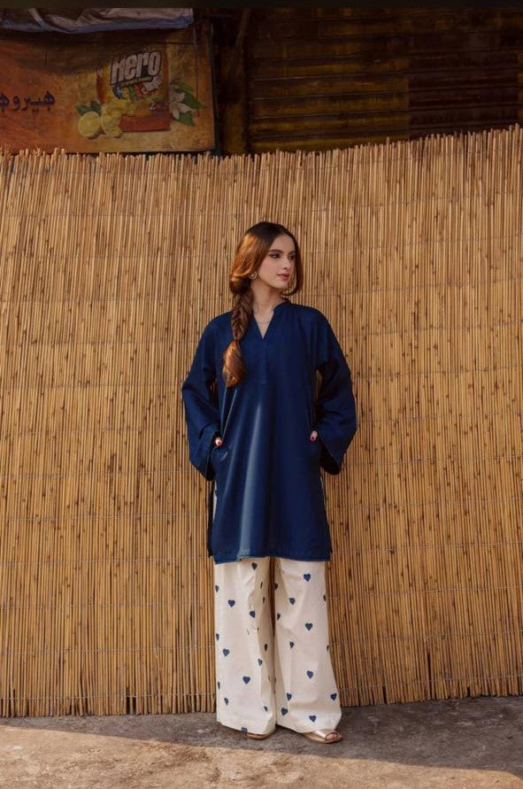 Casual Navy Blue Kurti with Printed Trouser – 2 Piece Comfortable Outfit